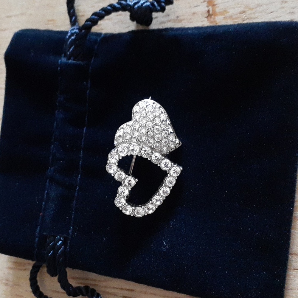 Authentic Swarovski Crystal Swan Stamped Double Heart Brooch E106